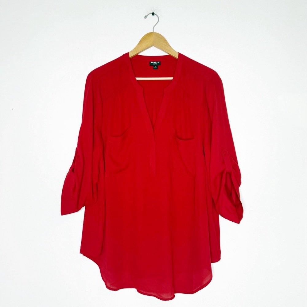 torrid Red V-Neck Roll-Sleeve Blouse